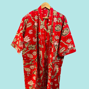 Printed Kimono Robe Dress for Women Summer Beach Bohemian Sleepwear with Belt Daily Life Style Cotton V-neck with Long Sleeve - Product Image 1