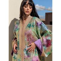 Caftán Largo Tradicional de Seda para Invierno/Verano, Estampado con Motivos Florales Multicolores, Forro Lavanda, Escote en V