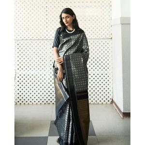 MAGNÍFICO PURO BANARASI SEDA SAREE CON BLUSA SIN COSTURA NEGRO - Product Image 1