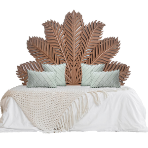 Cabecero de Cama de Madera Tallada a Mano con Acabado Marrón, Diseño de Hoja de Palma en Forma de Media Luna, Tamaño Queen, Decoración de Pared para el Hogar - Product Image 2