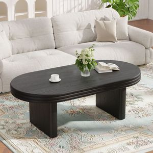 Tavolino da Caffè in Legno Stile Mid-Century Modern Farmhouse, Tavolo da Cocktail Ovale Scanalato per Soggiorno o Ufficio - Product Image 3