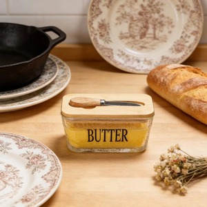 <b>Glass</b> Butter Dish With Wooden Lid Stylish Modern Kitchen Breakfast Butter Storage <b>Container</b> Elegant Serveware From India - Product Image 1