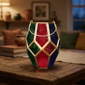 Artisan Design Tapered Glass <b>Lantern</b> with Embossed Red Green Blue Panels <b>Gold</b> Frame Handmade Irregular Shape Home Decoration - Product Image 3