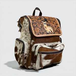 Wholesale Western Cowhide <b>Leather</b> <b>Backpack</b> with Handcrafted Tooled <b>Leather</b> Flap & Deer Design - Product Image 4