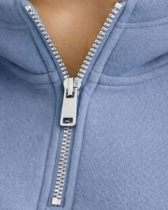 Sudadera con capucha corta de forro polar azul polvoriento con cremallera de un cuarto, bolsillo canguro, dobladillo con cordón ajustable, estilo casual urbano, cálida, para mujer - Product Image 6
