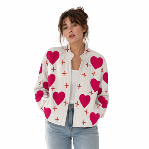 Women's Quilted Velvet <b>Jacket</b> With Heart Applique And Cross Embroidery Pattern Stand Collar Full Sleeve Spring Wear - Product Image 1
