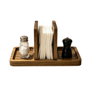 Porte-serviettes de table en bois d'acacia style ferme avec emplacements pour salière et poivrière, fabriqué au Vietnam, usine B2B - Product Image 1