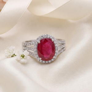 Anillo de Oro Blanco Sólido de 18K con Rubí Ovalado Natural y Doble Halo de Diamantes, Joyería Fina, Memoria Jewels, Venta al Por Mayor - Product Image 6