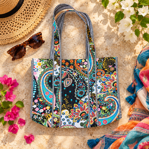 Sac fourre-tout matelassé en coton à motif floral multicolore Paisley, base noire, double poignée, pour femme, tendance, vente en gros - Product Image 2