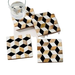 Posavasos cuadrado de madera y resina de estilo clásico para uso en el hogar, hotel o restaurante, precio al por mayor, hecho a mano en la India - Product Image 1