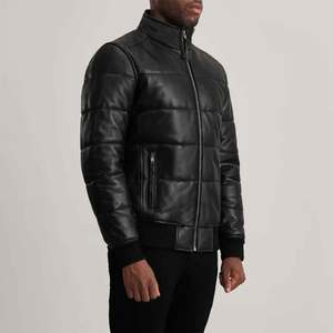 Mens PU Leather Puffer <b>Jacket</b> Stand Collar Winter Moto <b>Biker</b> Style Thick Solid Color - Product Image 2