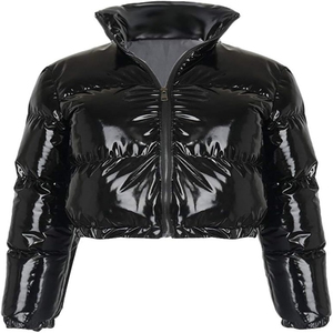 Veste matelassée noire en PU pour femme et homme, col montant, fermeture éclair, longueur courte, hiver, décontractée, imperméable, coupe ajustée - Product Image 1
