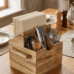 Acacia Wood Flatware <b>Caddy</b> with 3 Compartments Portable Cutlery Organizer Box Rustic <b>Kitchen</b> Utensil Holder with Handle - Product Image 6