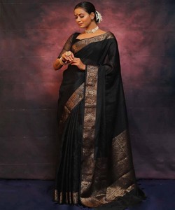 SAREE DE SEDA BANARASI CON TRABAJO DE JACQUARD EN TENDENCIA, CON BLUSA SIN COSTURAR, NEGRO, LARGO HASTA EL SUELO, CAIMIENTO REGULAR, ÉTNICO, PARA BODA - Product Image 2