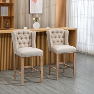 Set of 2 Counter Height Bar <b>Stools</b> 27\" Inch <b>with</b> Chrome Base Beige Tufted <b>Back</b> and Wood Legs Nailhead Trim - Product Image 2