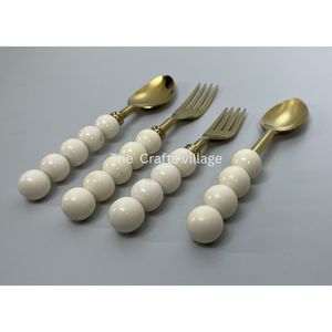 Luxury Gold Stainless Steel Cutlery <b>Set</b> White Beaded Handle <b>Spoon</b> <b>Fork</b> <b>Set</b> Premium Flatware Dining Utensils Wedding Tableware - Product Image 1