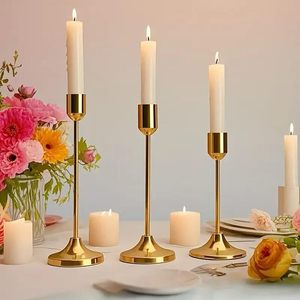 Ensemble de 3 bougeoirs en métal doré, grands supports de bougies coniques, centre de table décoratif moderne pour salle à manger, salon, chambre à coucher - Product Image 3