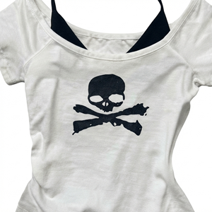 T-shirt femme à épaules dénudées avec imprimé crâne, manches courtes, coupe ajustée, style punk, en jersey de coton blanc, haut printemps-été - Product Image 3