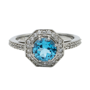 Anillo de Halo Octogonal Geométrico de Plata 925 de Primera Calidad con Acabado en Rodio, Color Topacio Azul y Detalles Brillantes de Circonita Cúbica para Mujer, Regalo - Product Image 1