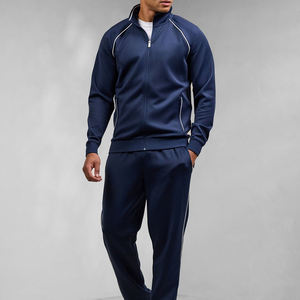 Men's Navy Blue Tracksuit Full Sleeve Solid Color Casual Jogger Set Turn-<b>down</b> Collar Breathable 100% Polyester Autumn Wear - Product Image 2