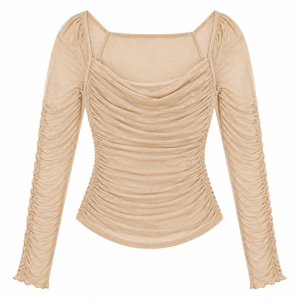 <b>Women's</b> Solid Gothic Ruched Knitted Chiffon Tank <b>Top</b> <b>Square</b> <b>Neck</b> Long Sleeve Sheer Statement Party Shirt Lightweight 120g OEM - Product Image 5