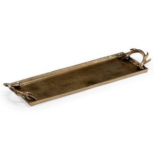 Modern Antler Handle Long Brass Metal <b>Serving</b> <b>Tray</b> Rectangular <b>Gold</b> Lodge Centerpiece Platter for Wedding and Ramadan - Product Image 1
