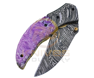 Cuchillo Plegable de Acero de Damasco de Venta Caliente con Mango de Resina Morada – Cuchillo de Bolsillo Táctico Personalizado para Caza - Product Image 6