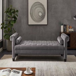 Panca Divano con Gambe in Legno Massello e Cuscini in Velluto Grigio Scuro con Cuscini Cilindrici - Product Image 1