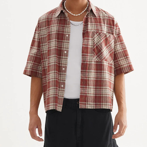 Chemise en flanelle à carreaux rouges pour homme, col rabattu, manches courtes, décontractée, respirante, pour l'été – Vente en gros - Product Image 1