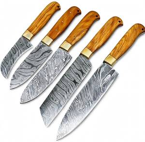 Juego de herramientas de chef de 5 piezas de acero damasco hecho a mano con mango de madera de olivo y bolster de latón. - Product Image 1