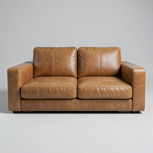 Sofá contemporáneo de cuero genuino hecho con piel de vaca auténtica, brazos cuadrados, construcción robusta y tapicería de primera calidad para hogares modernos. - Product Image 1