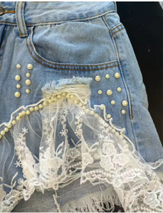 Shorts de Mezclilla de Cintura Alta con Volantes de Encaje, Estilo Dulce, Jeans de Verano para Mujer, Transpirables, Lavados con Piedras, Azul Claro - Product Image 5