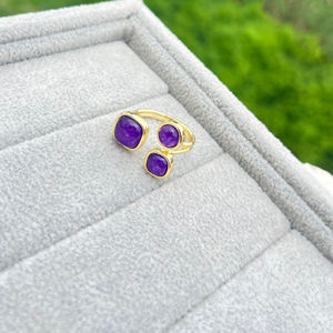 Triple multi gemstone 18k gold plated purple jade <b>thin</b> band front open <b>ring</b> solid brass metallic designer fashion <b>rings</b> for gift - Product Image 2