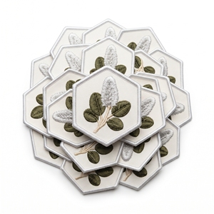 Custom <b>Patch</b> Bulk Supplier Hexagon Sage Flower Badge Off White Twill Light Grey Edge Iron On Garment <b>Applique</b> - Product Image 1