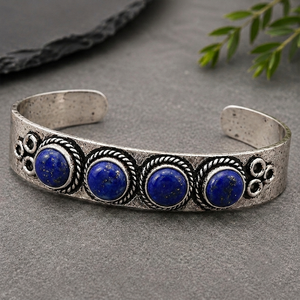 Natural Lapis Lazuli Four Stone Wide <b>Cuff</b> Bangle Handmade <b>Silver</b>/Gold Brass Unisex Statement Jewelry Vintage Heritage Design - Product Image 4