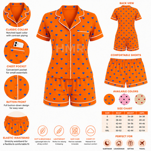 Ensemble de pyjama à manches courtes avec imprimé cœur orange et bleu de la sororité HMR Sisterhood, avec boutons sur le devant et short - Product Image 6
