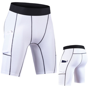 <b>Men</b> White <b>Compression</b> <b>Shorts</b> With Pockets Quick Dry Sporty Style Bermuda Length Elastic Waist Spandex Polyester - Product Image 4