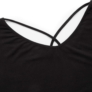 <b>Women's</b> <b>Black</b> Solid Woven Cross Strap <b>Crop</b> T-Shirt Loose Fit Short Sleeve O-Neck Casual Summer <b>Top</b> - Product Image 2