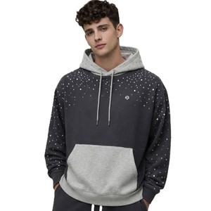Luxury Rhinestone Scatter Relaxed Fit Hoodies Heavy Cotton Thick Fleece Streetwear Contrast Panel <b>Pullover</b> Custom Logo Wholesale - Product Image 5