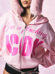 Sudadera con capucha rosa extragrande para mujer, con cremallera completa, mezcla de algodón y forro polar, estampado de letras, hombros caídos, para otoño e invierno, proveedor - Product Image 6