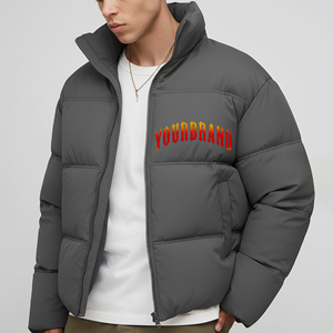 <b>Men's</b> Gray Puffer <b>Jacket</b> With Front Letter Print Windproof Thick Polyester Winter Casual Zipper Closure Stand Collar - Product Image 4
