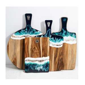 Juego de Tablas de Cortar de Resina y Madera Teal Ocean, Redondas, Cuadradas y Rectangulares, Tablas de Charcutería con Ondas Marinas de Epoxi, Plato para Servir de Madera de Acacia G - Product Image 1