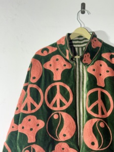 Handmade Green Velvet Mushroom & Peace <b>Sign</b> Embroidered Jacket – Boho Yin Yang Festival Coat | Unisex Hippie Outerwear - Product Image 3