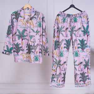 Conjunto de Pijama de Mujer con Rayas Verticales Florales, Ropa de Dormir de Algodón, Elegante Traje de Noche a Rayas, Camisa y Pantalones de Secado Rápido, Largo Completo - Product Image 1