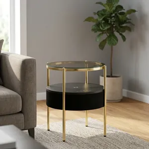 Modern Round Glass <b>Side</b> <b>Table</b> with <b>Gold</b> Metal Frame and Black Storage Base Living Room Furniture with charging socket - Product Image 6