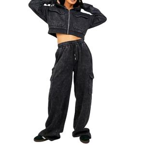 Ensemble de survêtement délavé à l'acide pour femme, haut court zippé à manches longues et pantalon large, couleur unie, coupe décontractée, idéal pour l'automne - Product Image 1