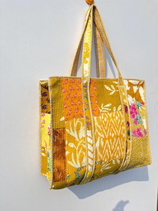 Sac fourre-tout matelassé en coton imprimé à la main, motif floral, style bohème, décontracté, avec fermeture éclair, pour la plage et les voyages, pour femmes - Product Image 3