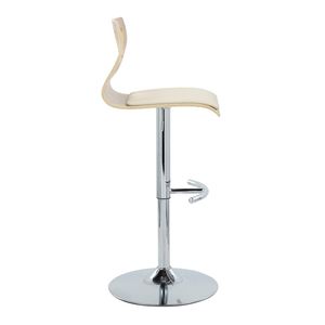 Tabouret de bar réglable Folia de style moderne du milieu du siècle, en métal chromé et bois zèbre, avec revêtement en similicuir crème, pivotant et pied en T arrondi - Product Image 3