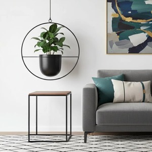 Pot de fleurs suspendu en métal circulaire minimaliste avec finition thermolaquée pour plantes vertes d'intérieur - Product Image 1
