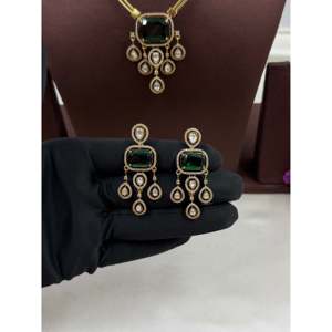 Indian Ethnic Kavya Victorian Premium <b>Gold</b> Plated Bridal Hasli Earring <b>Set</b> - Product Image 4